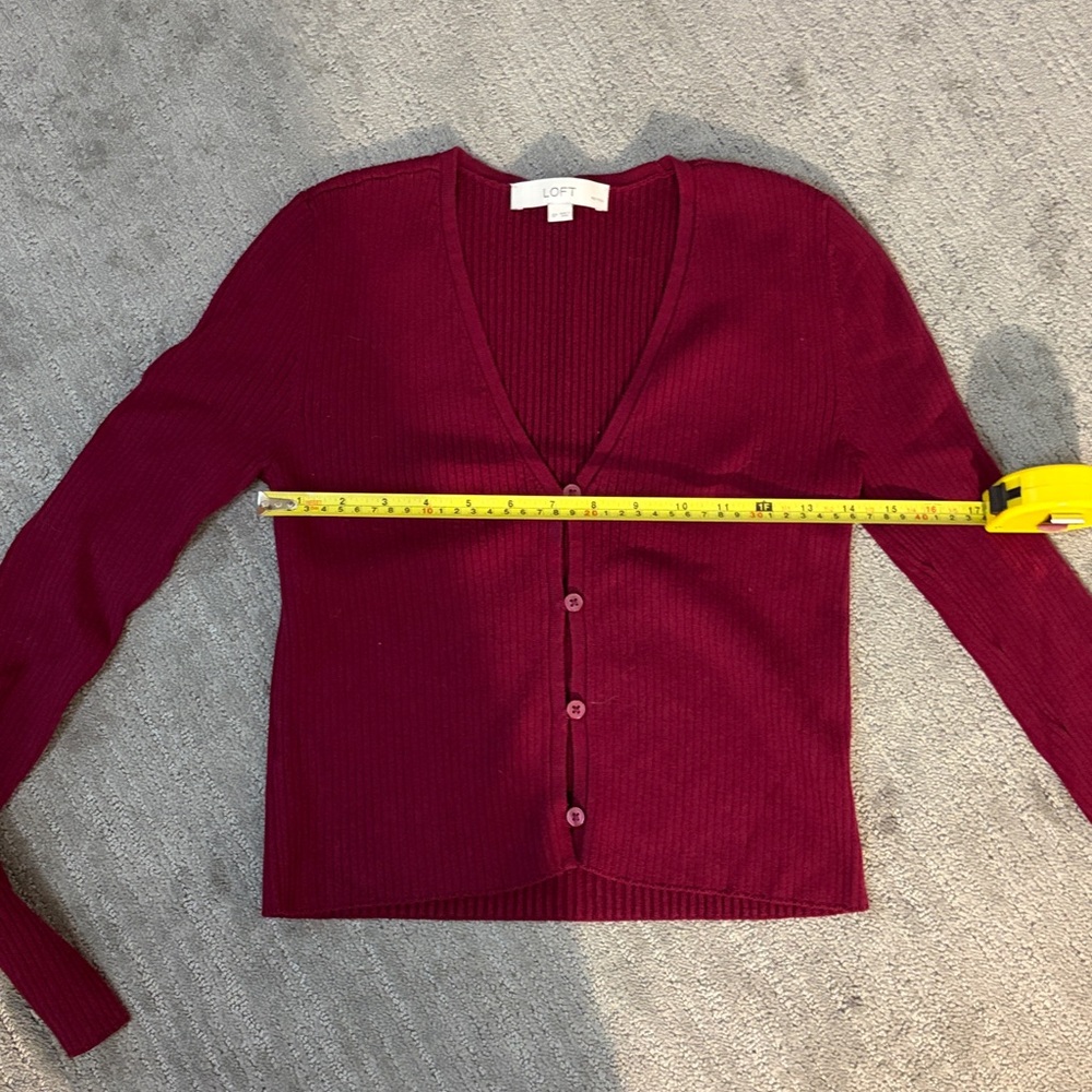 LOFT Women's Deep Red Ribbed Cardigan - Picture 6 of 7